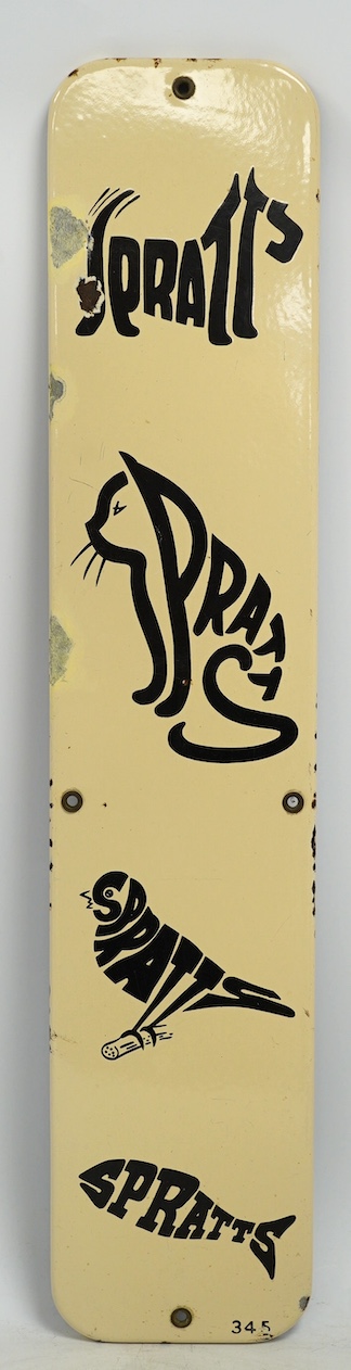 A vintage Spratt's dog, cat, budgerigar and fish enamel advertising sign, 13cm wide, 61cm high. Condition - fair